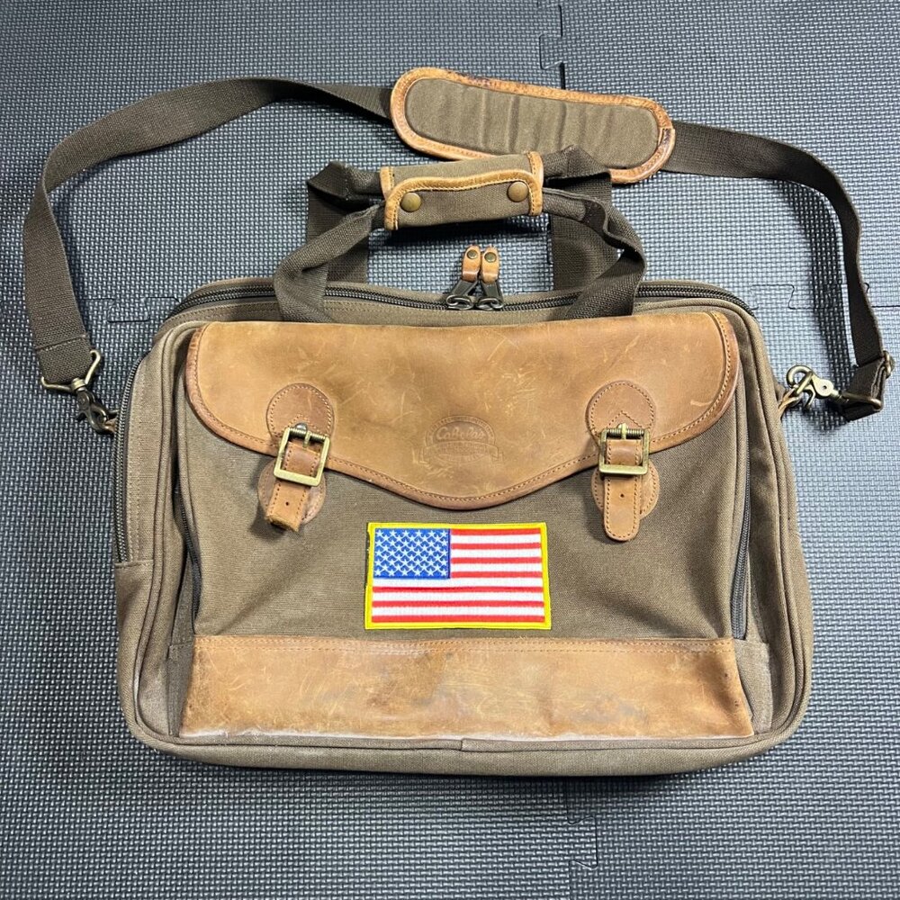 Cabelas Brown Canvas & Leather Briefcase With Shoulder Strap